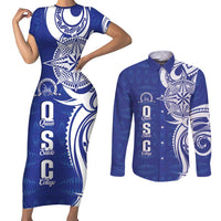Personalised Queen Salote College Couples Matching Short Sleeve Bodycon Dress and Long Sleeve Button Shirt QSC Est 1926 Ngatu Pattern LT14 Blue - Polynesian Pride