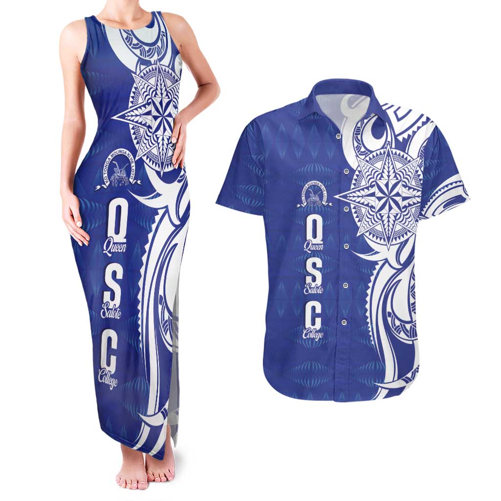 Personalised Queen Salote College Couples Matching Tank Maxi Dress and Hawaiian Shirt QSC Est 1926 Ngatu Pattern LT14 Blue - Polynesian Pride