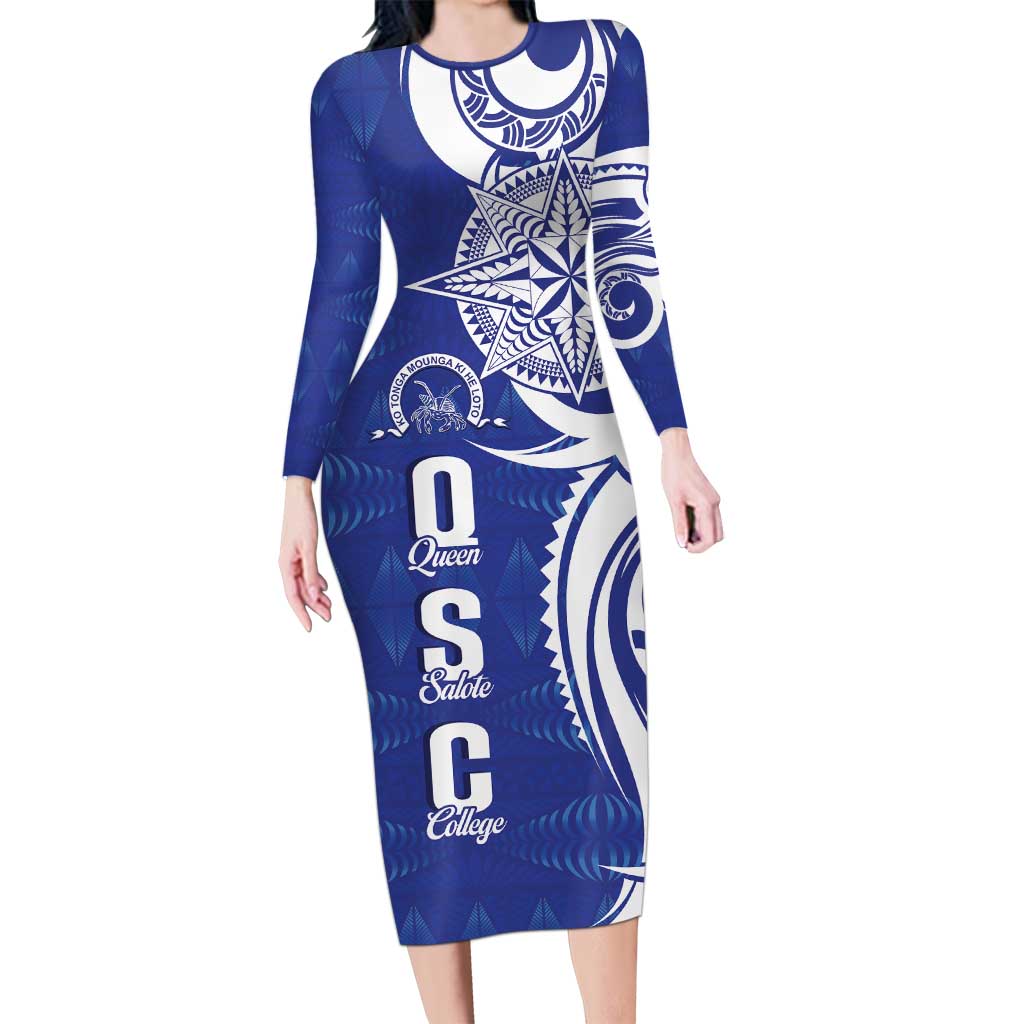 Personalised Queen Salote College Family Matching Long Sleeve Bodycon Dress and Hawaiian Shirt QSC Est 1926 Ngatu Pattern LT14 Mom's Dress Blue - Polynesian Pride