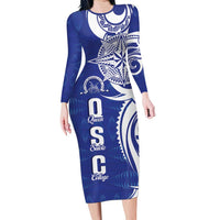 Personalised Queen Salote College Family Matching Long Sleeve Bodycon Dress and Hawaiian Shirt QSC Est 1926 Ngatu Pattern LT14 Mom's Dress Blue - Polynesian Pride