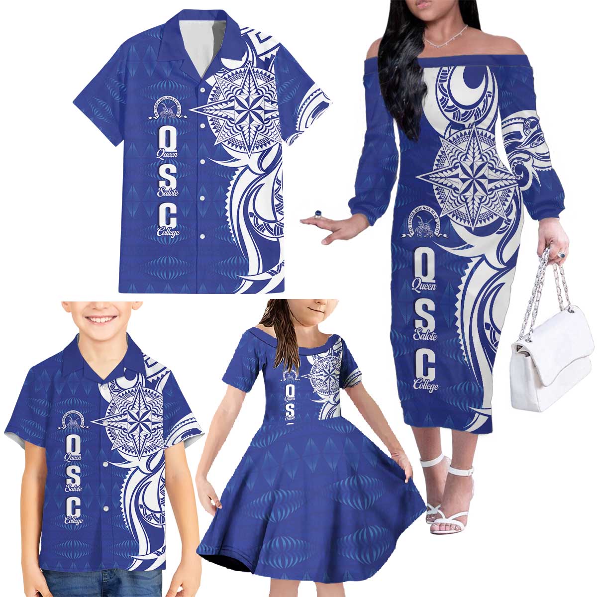 Personalised Queen Salote College Family Matching Off The Shoulder Long Sleeve Dress and Hawaiian Shirt QSC Est 1926 Ngatu Pattern LT14 - Polynesian Pride