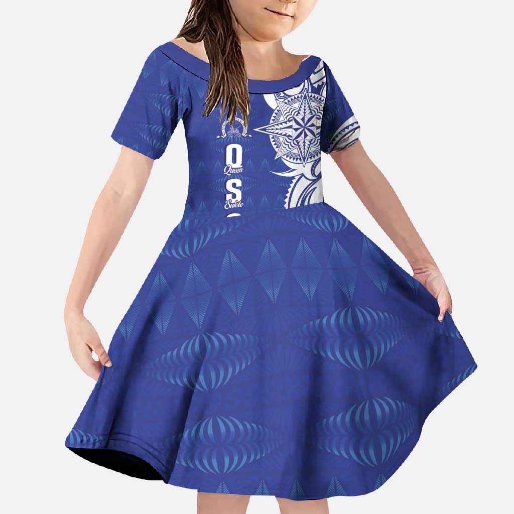 Personalised Queen Salote College Family Matching Off Shoulder Maxi Dress and Hawaiian Shirt QSC Est 1926 Ngatu Pattern LT14 Daughter's Dress Blue - Polynesian Pride