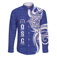 Personalised Queen Salote College Family Matching Off Shoulder Maxi Dress and Hawaiian Shirt QSC Est 1926 Ngatu Pattern LT14 Dad's Shirt - Long Sleeve Blue - Polynesian Pride