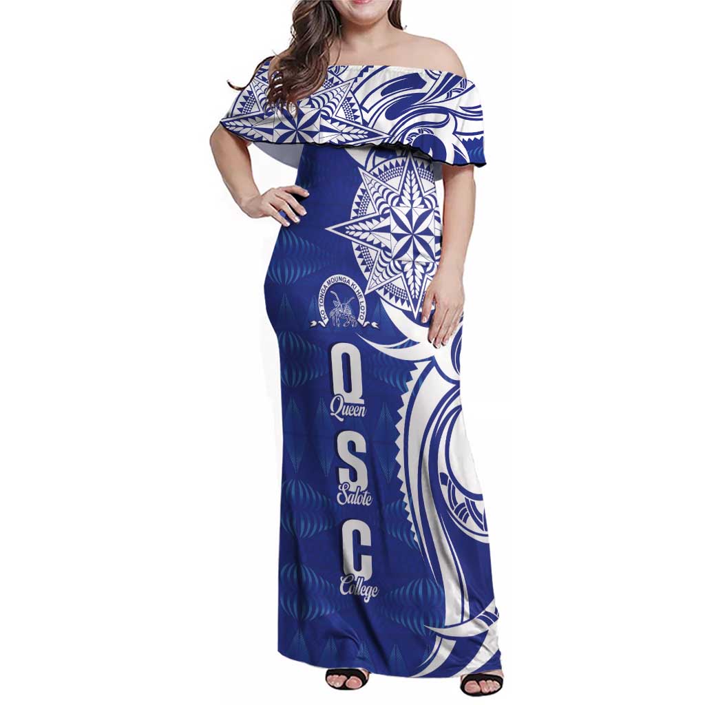 Personalised Queen Salote College Family Matching Off Shoulder Maxi Dress and Hawaiian Shirt QSC Est 1926 Ngatu Pattern LT14 Mom's Dress Blue - Polynesian Pride