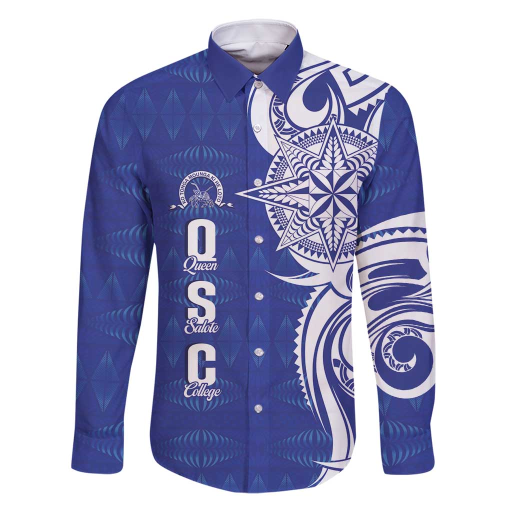 Personalised Queen Salote College Family Matching Off Shoulder Short Dress and Hawaiian Shirt QSC Est 1926 Ngatu Pattern LT14 Dad's Shirt - Long Sleeve Blue - Polynesian Pride