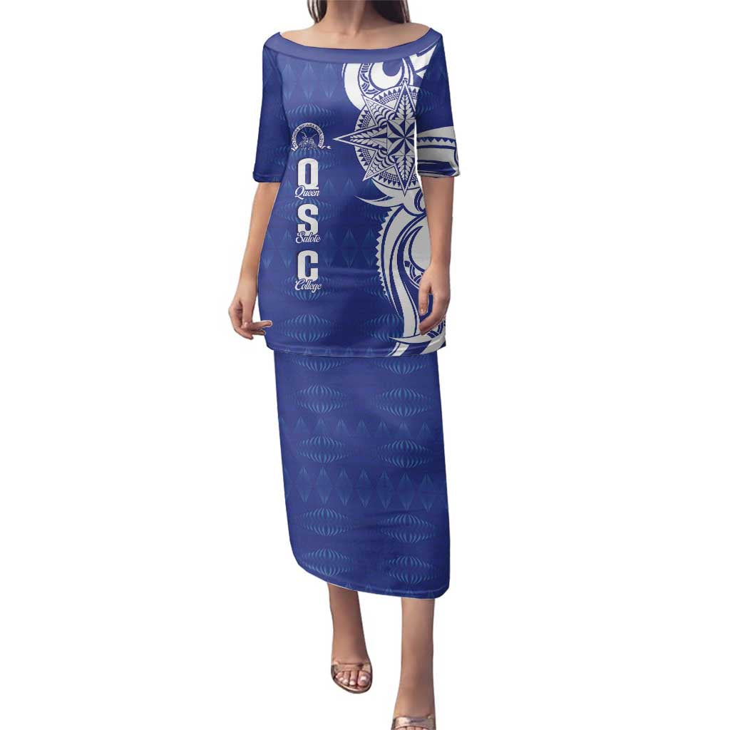 Personalised Queen Salote College Family Matching Puletasi and Hawaiian Shirt QSC Est 1926 Ngatu Pattern LT14 Mom's Dress Blue - Polynesian Pride