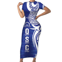Personalised Queen Salote College Family Matching Short Sleeve Bodycon Dress and Hawaiian Shirt QSC Est 1926 Ngatu Pattern LT14 Mom's Dress Blue - Polynesian Pride