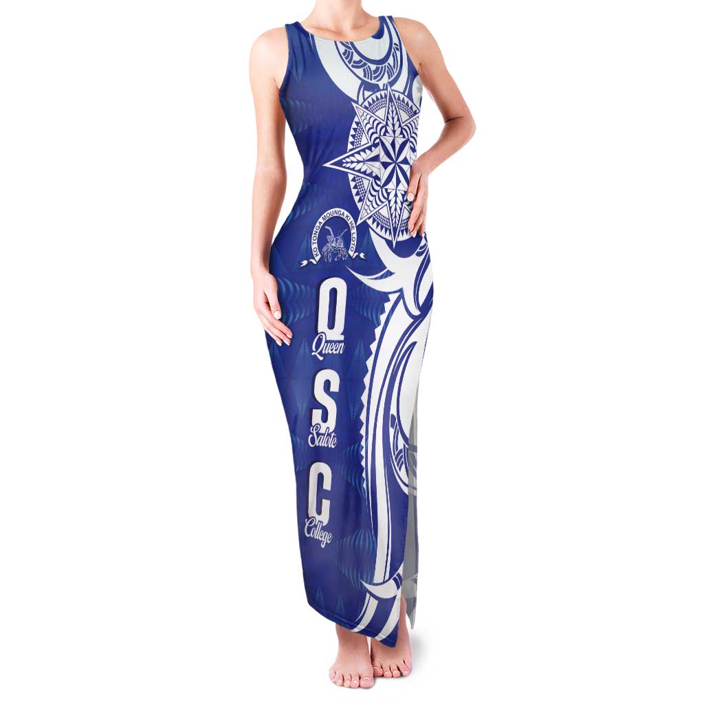 Personalised Queen Salote College Family Matching Tank Maxi Dress and Hawaiian Shirt QSC Est 1926 Ngatu Pattern LT14 Mom's Dress Blue - Polynesian Pride
