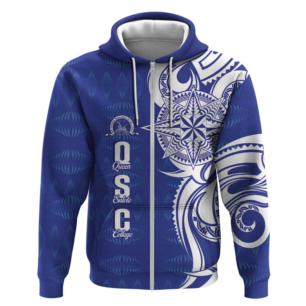 Personalised Queen Salote College Hoodie QSC Est 1926 Ngatu Pattern LT14 Zip Hoodie Blue - Polynesian Pride
