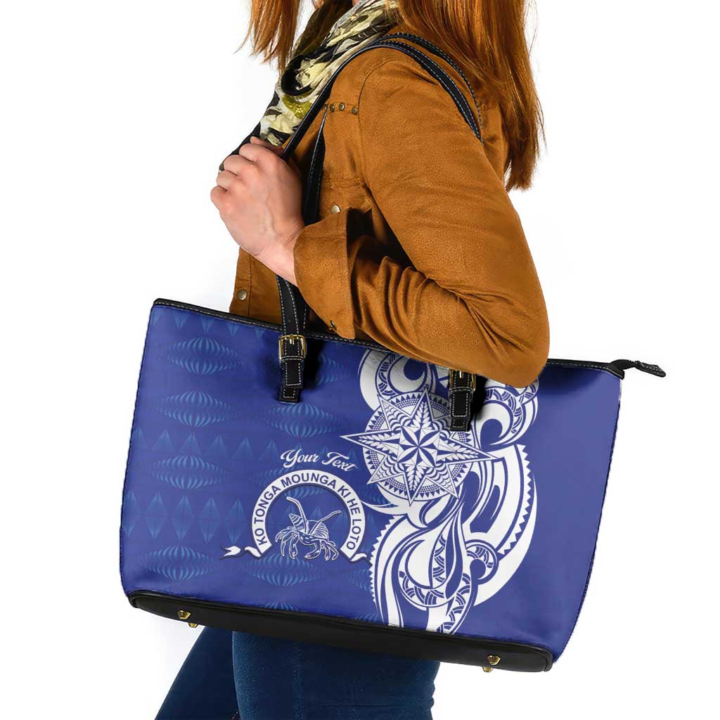 Personalised Queen Salote College Leather Tote Bag QSC Est 1926 Ngatu Pattern LT14 Blue - Polynesian Pride
