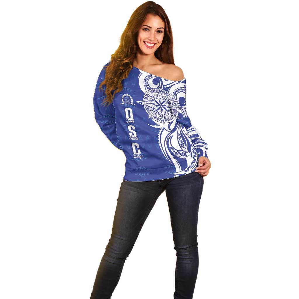 Personalised Queen Salote College Off Shoulder Sweater QSC Est 1926 Ngatu Pattern LT14 - Polynesian Pride