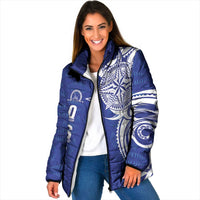 Personalised Queen Salote College Padded Jacket QSC Est 1926 Ngatu Pattern LT14 Women Blue - Polynesian Pride