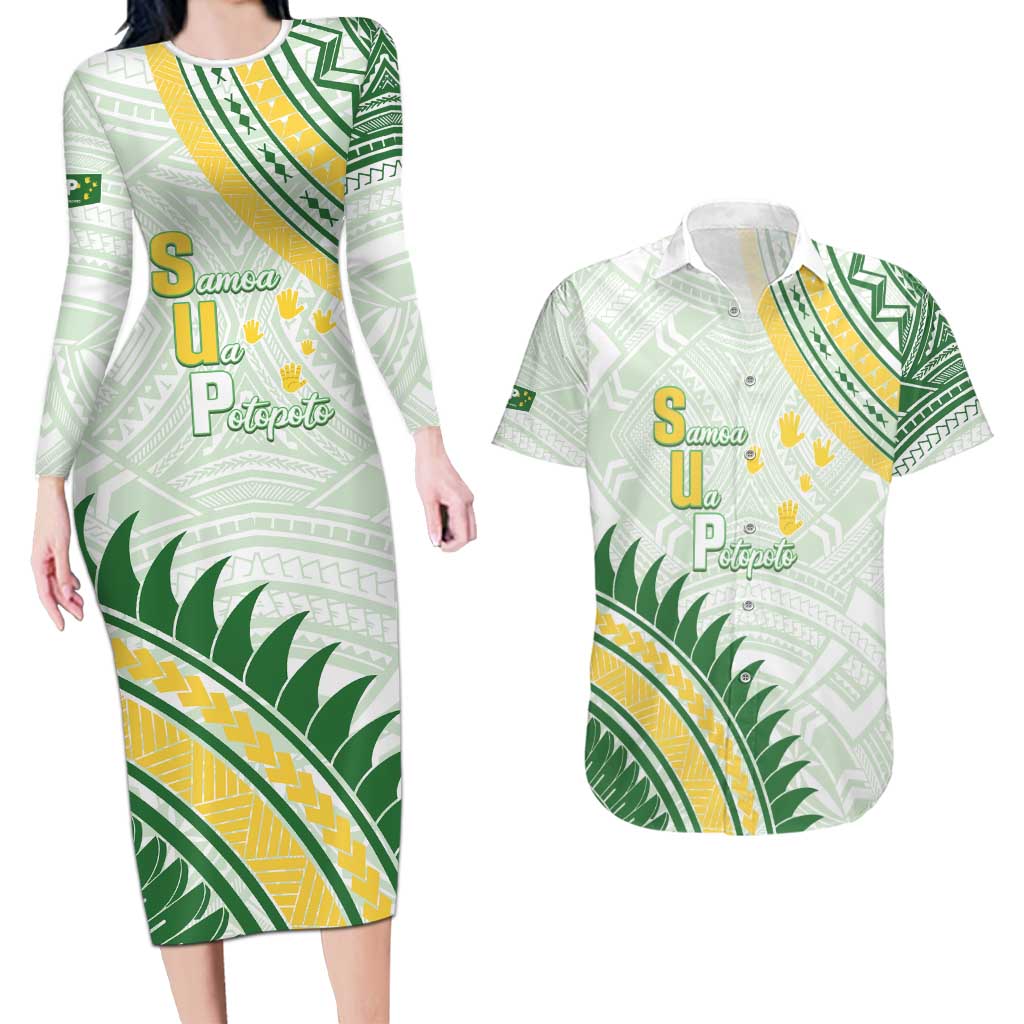Personalised Samoa Ua Potopoto Couples Matching Long Sleeve Bodycon Dress and Hawaiian Shirt SUP Est 2025 Samoan Pattern LT14 White - Polynesian Pride