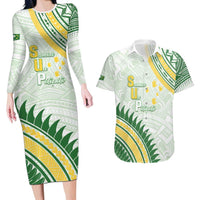 Personalised Samoa Ua Potopoto Couples Matching Long Sleeve Bodycon Dress and Hawaiian Shirt SUP Est 2025 Samoan Pattern LT14 White - Polynesian Pride