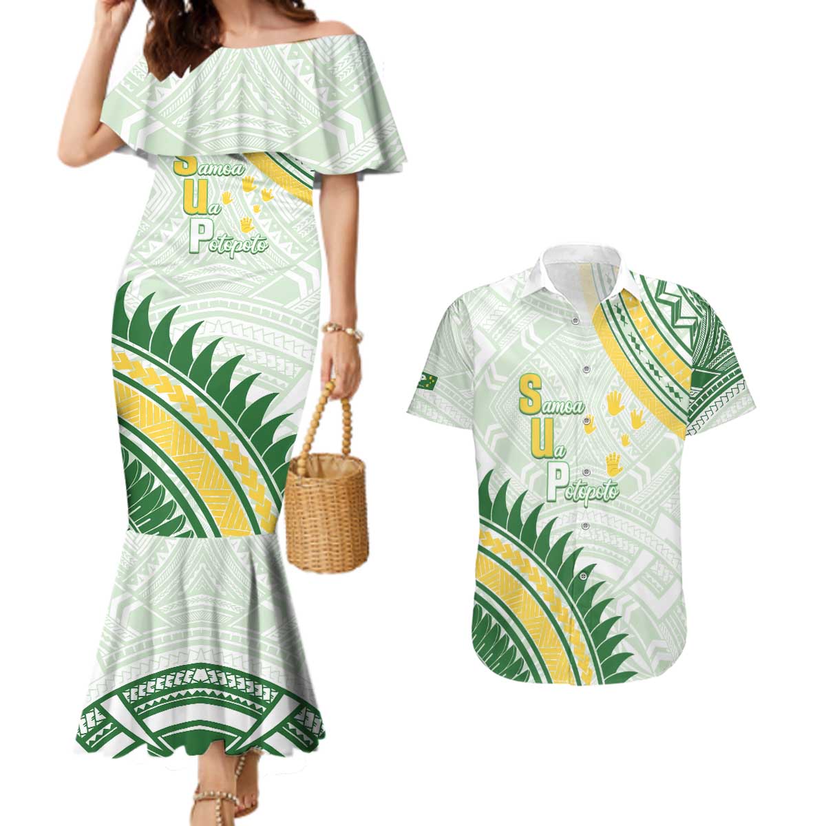 Personalised Samoa Ua Potopoto Couples Matching Mermaid Dress and Hawaiian Shirt SUP Est 2025 Samoan Pattern LT14 White - Polynesian Pride