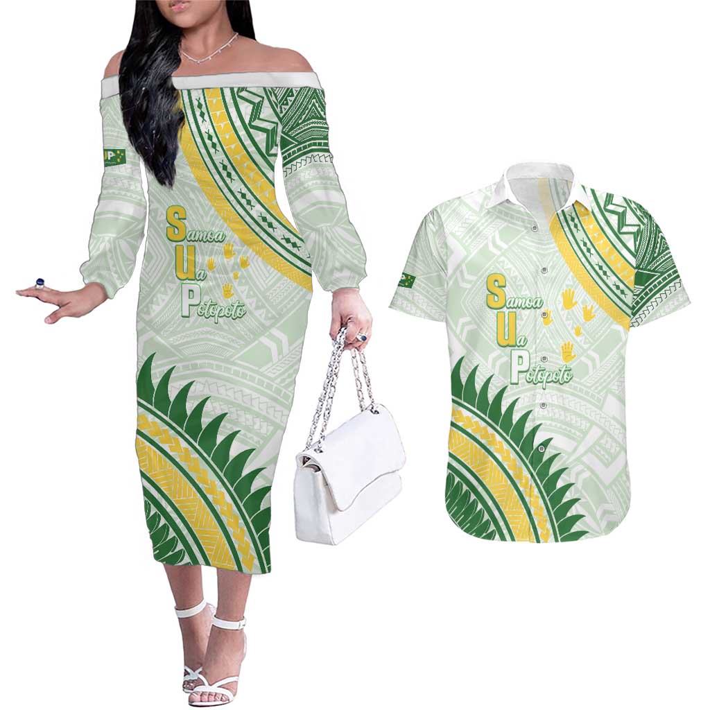 Personalised Samoa Ua Potopoto Couples Matching Off The Shoulder Long Sleeve Dress and Hawaiian Shirt SUP Est 2025 Samoan Pattern LT14 White - Polynesian Pride