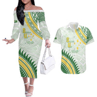Personalised Samoa Ua Potopoto Couples Matching Off The Shoulder Long Sleeve Dress and Hawaiian Shirt SUP Est 2025 Samoan Pattern LT14 White - Polynesian Pride