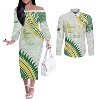 Personalised Samoa Ua Potopoto Couples Matching Off The Shoulder Long Sleeve Dress and Long Sleeve Button Shirt SUP Est 2025 Samoan Pattern LT14 White - Polynesian Pride