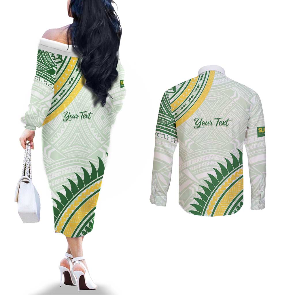 Personalised Samoa Ua Potopoto Couples Matching Off The Shoulder Long Sleeve Dress and Long Sleeve Button Shirt SUP Est 2025 Samoan Pattern LT14 - Polynesian Pride