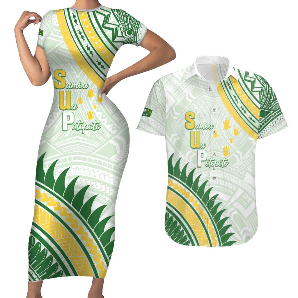 Personalised Samoa Ua Potopoto Couples Matching Short Sleeve Bodycon Dress and Hawaiian Shirt SUP Est 2025 Samoan Pattern LT14 White - Polynesian Pride
