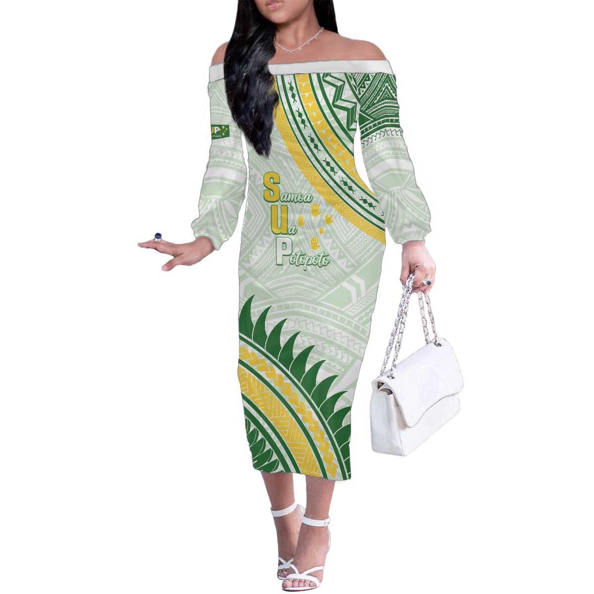 Personalised Samoa Ua Potopoto Family Matching Off The Shoulder Long Sleeve Dress and Hawaiian Shirt SUP Est 2025 Samoan Pattern LT14 Mom's Dress White - Polynesian Pride