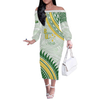 Personalised Samoa Ua Potopoto Family Matching Off The Shoulder Long Sleeve Dress and Hawaiian Shirt SUP Est 2025 Samoan Pattern LT14 Mom's Dress White - Polynesian Pride