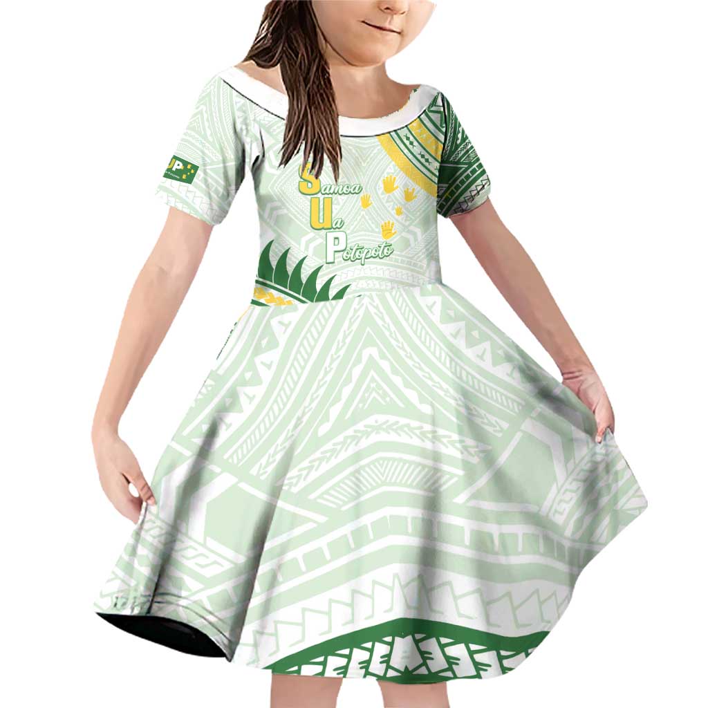 Personalised Samoa Ua Potopoto Family Matching Off Shoulder Short Dress and Hawaiian Shirt SUP Est 2025 Samoan Pattern LT14 Daughter's Dress White - Polynesian Pride