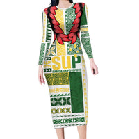 Samoa Uniting Party Family Matching Long Sleeve Bodycon Dress and Hawaiian Shirt SUP Est 2025 Siapo Pattern LT14 Mom's Dress White - Polynesian Pride