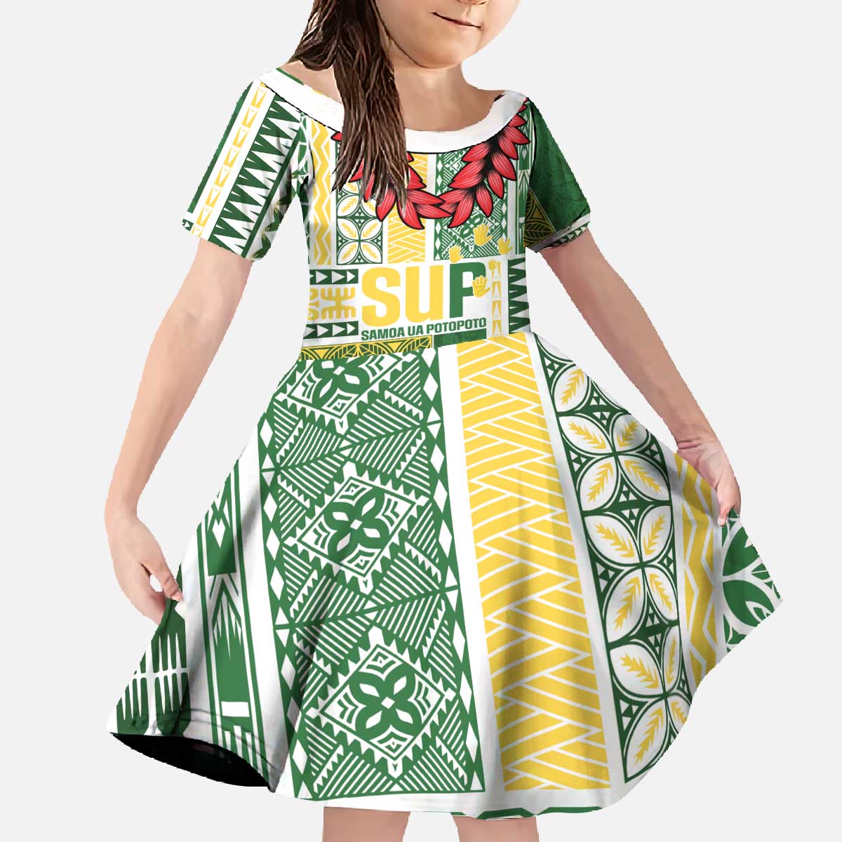 Samoa Uniting Party Family Matching Off The Shoulder Long Sleeve Dress and Hawaiian Shirt SUP Est 2025 Siapo Pattern LT14 Daughter's Dress White - Polynesian Pride