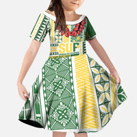 Samoa Uniting Party Family Matching Off The Shoulder Long Sleeve Dress and Hawaiian Shirt SUP Est 2025 Siapo Pattern LT14 Daughter's Dress White - Polynesian Pride