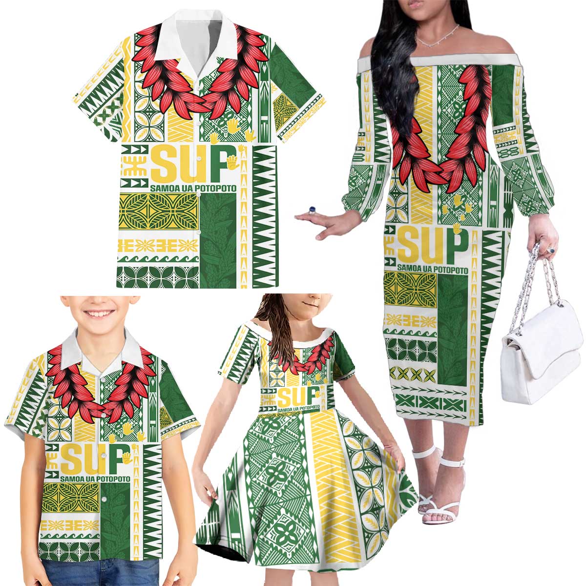 Samoa Uniting Party Family Matching Off The Shoulder Long Sleeve Dress and Hawaiian Shirt SUP Est 2025 Siapo Pattern LT14 - Polynesian Pride