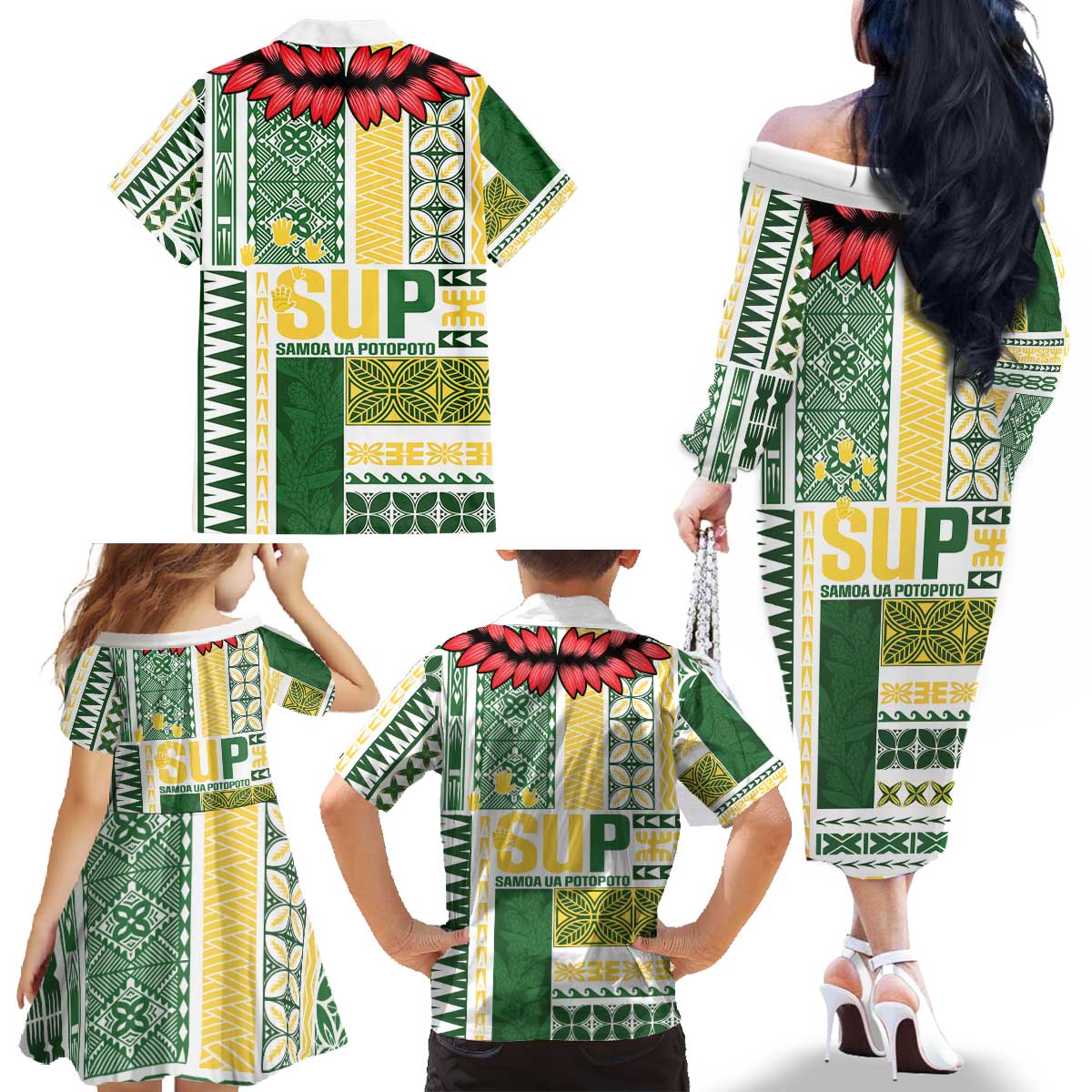 Samoa Uniting Party Family Matching Off The Shoulder Long Sleeve Dress and Hawaiian Shirt SUP Est 2025 Siapo Pattern LT14 - Polynesian Pride