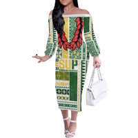 Samoa Uniting Party Family Matching Off The Shoulder Long Sleeve Dress and Hawaiian Shirt SUP Est 2025 Siapo Pattern LT14 Mom's Dress White - Polynesian Pride