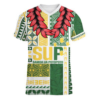 Samoa Uniting Party Women V-Neck T-Shirt SUP Est 2025 Siapo Pattern LT14 Female White - Polynesian Pride