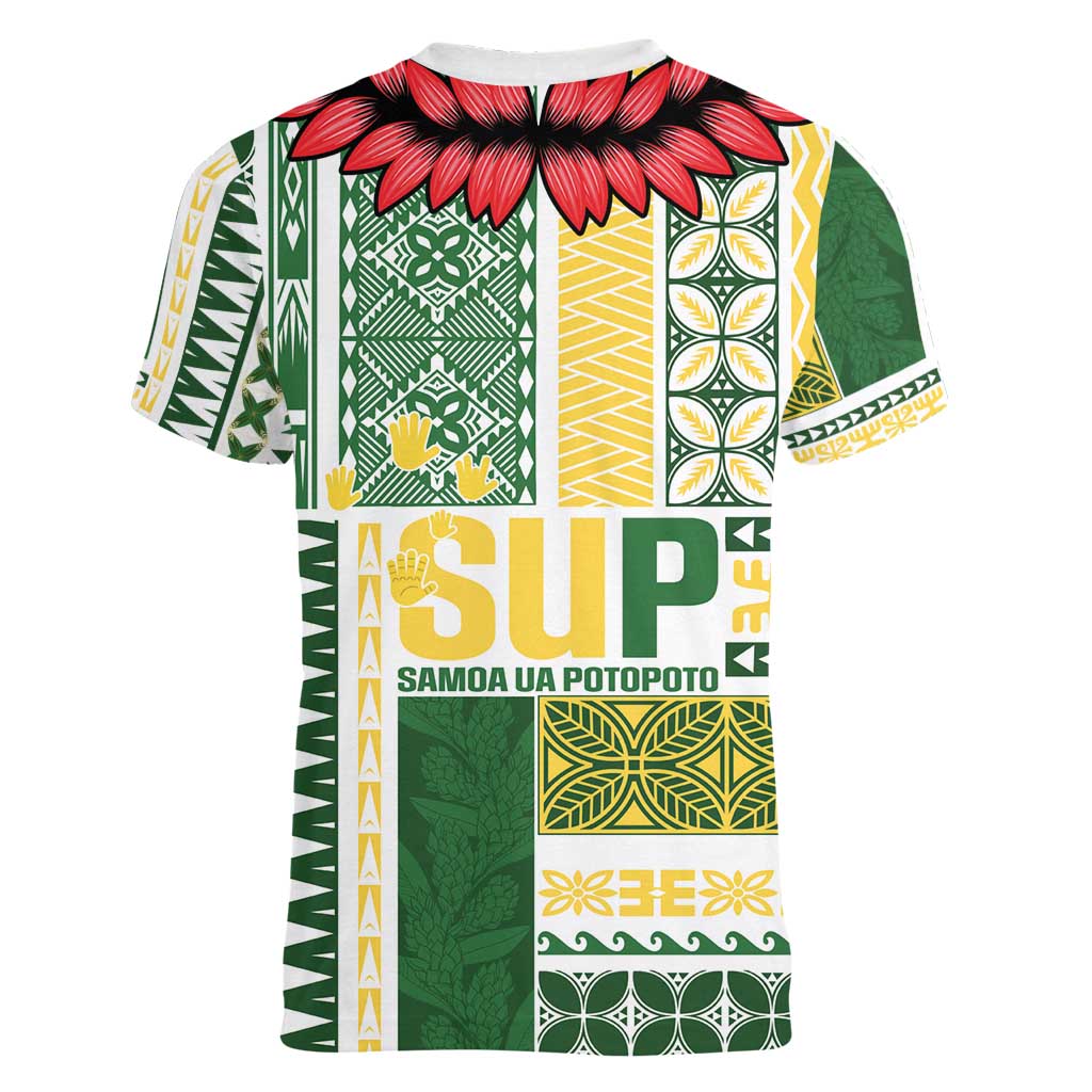 Samoa Uniting Party Women V-Neck T-Shirt SUP Est 2025 Siapo Pattern LT14 - Polynesian Pride