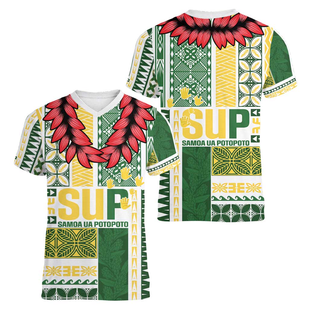 Samoa Uniting Party Women V-Neck T-Shirt SUP Est 2025 Siapo Pattern LT14 - Polynesian Pride