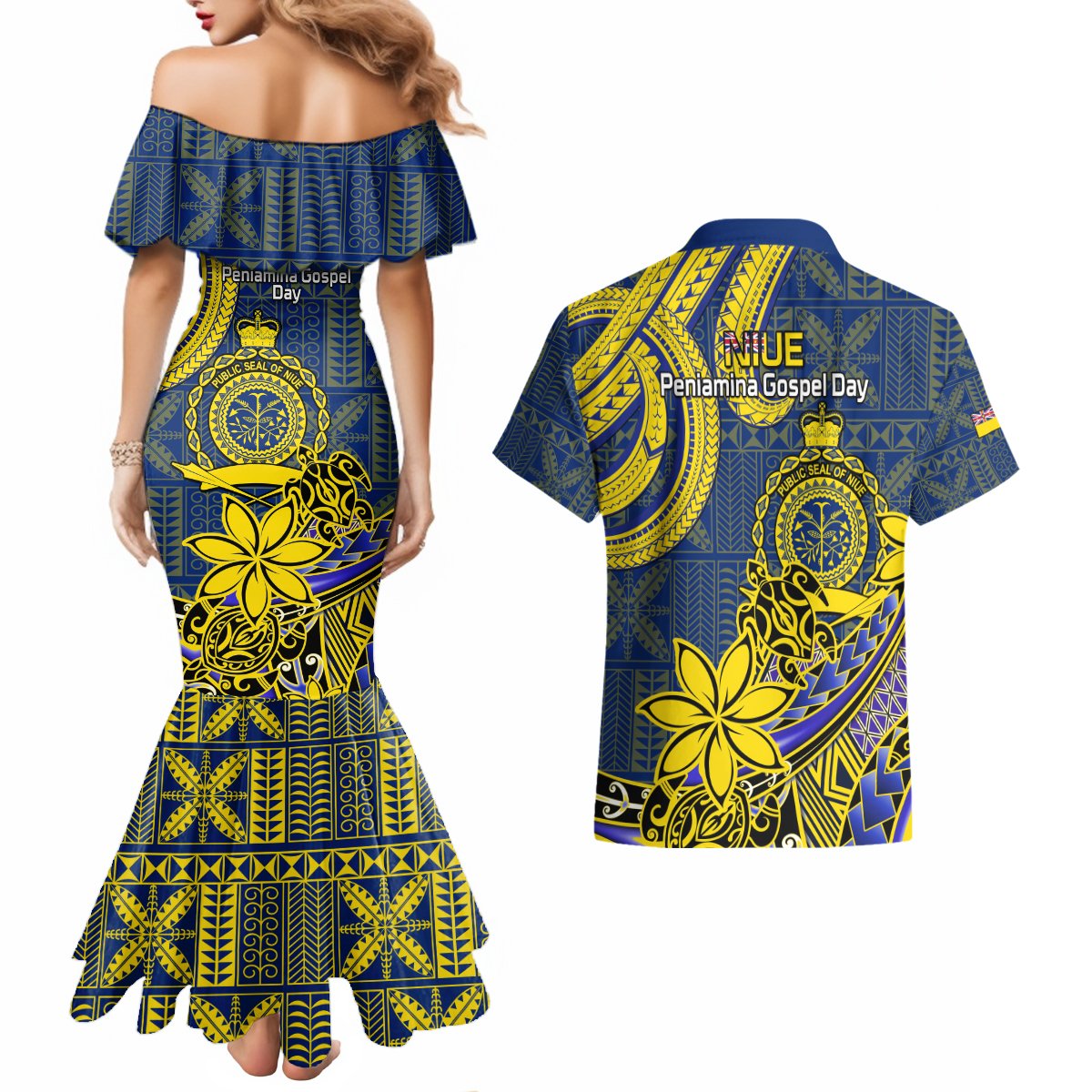 Niue Peniamina Gospel Day Couples Matching Mermaid Dress and Hawaiian Shirt Unique Niean Hiapo LT14 - Polynesian Pride