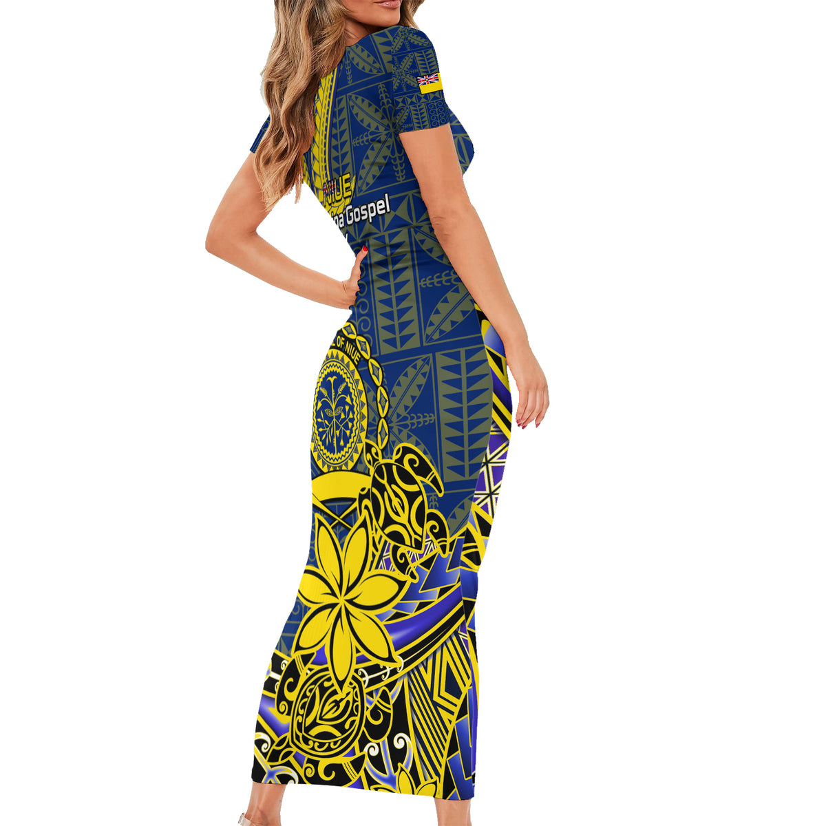 Niue Peniamina Gospel Day Short Sleeve Bodycon Dress Unique Niean Hiapo LT14 - Polynesian Pride
