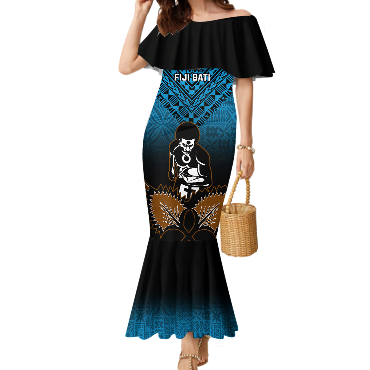 Custom Fiji Tapa Rugby Family Matching Mermaid Dress and Hawaiian Shirt Pacific 2023 Go Fijian Bati LT14 Mom's Dress Blue - Polynesian Pride