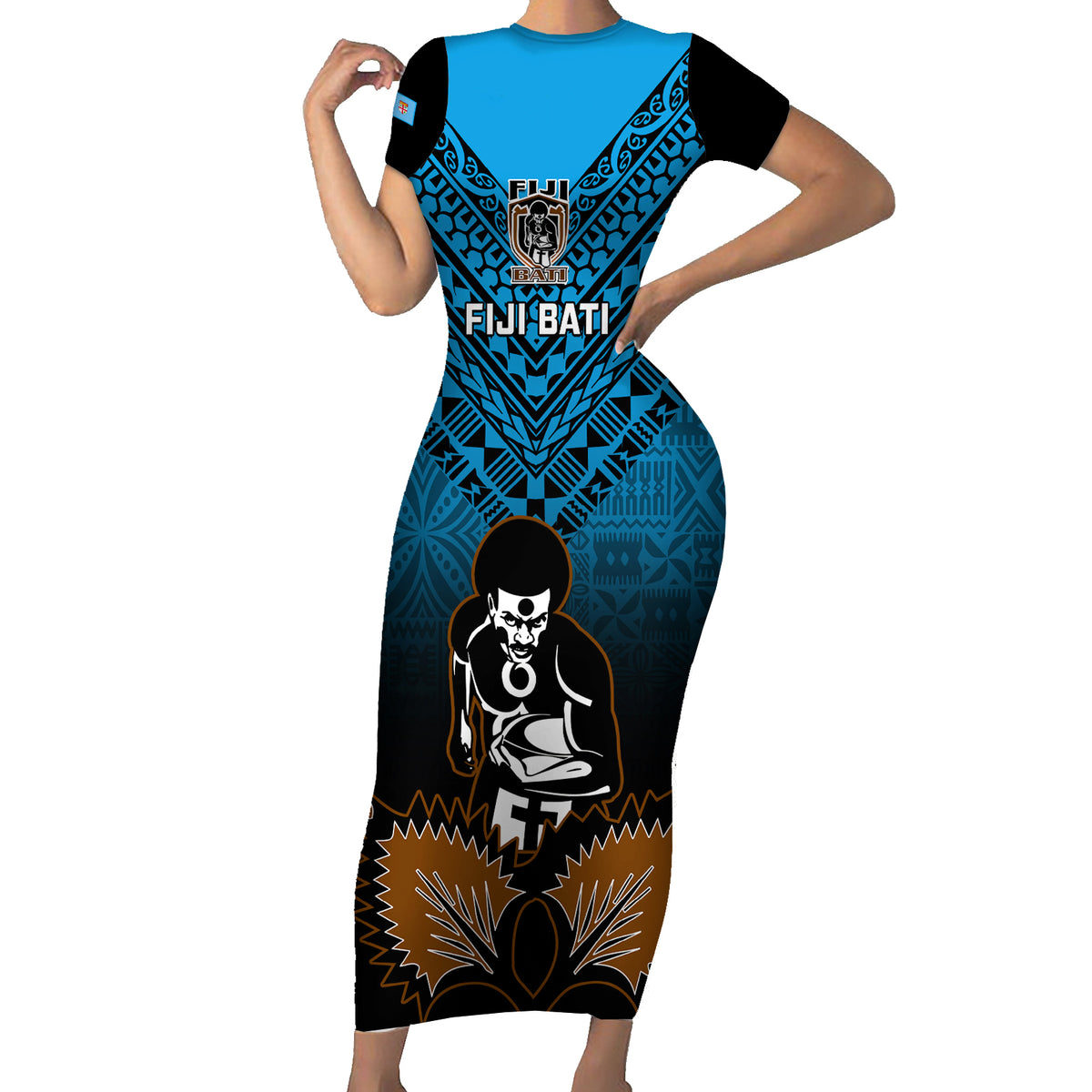 Custom Fiji Tapa Rugby Family Matching Short Sleeve Bodycon Dress and Hawaiian Shirt Pacific 2023 Go Fijian Bati LT14 Mom's Dress Blue - Polynesian Pride
