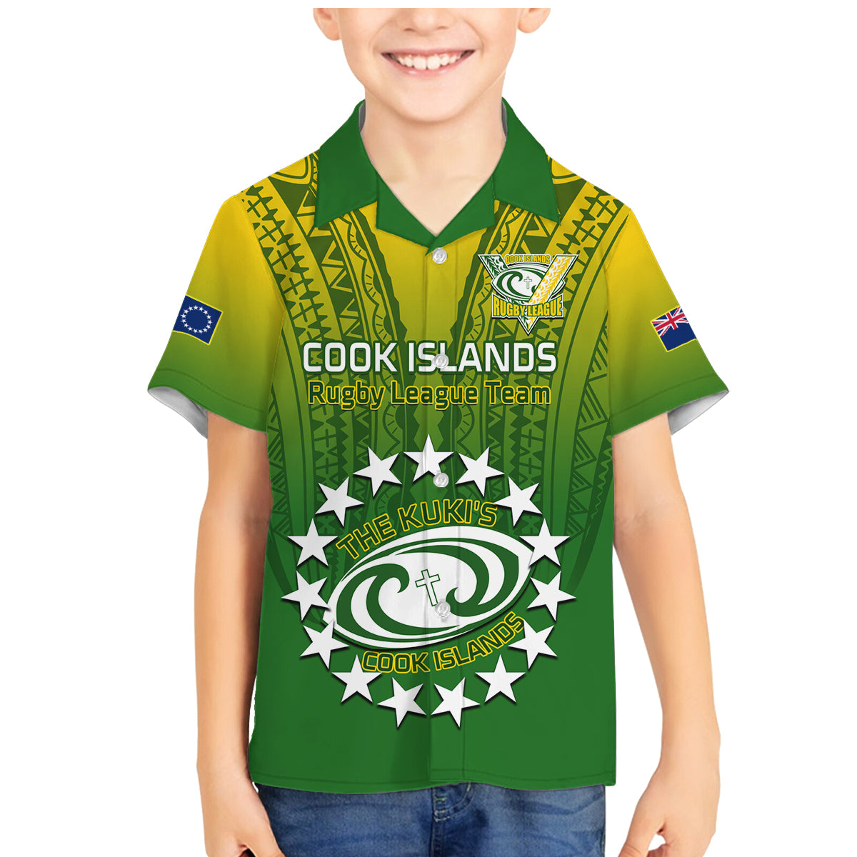 Custom Cook Islands Rugby Family Matching Mermaid Dress and Hawaiian Shirt Pacific 2023 Go The Kukis LT14 Son's Shirt Green - Polynesian Pride