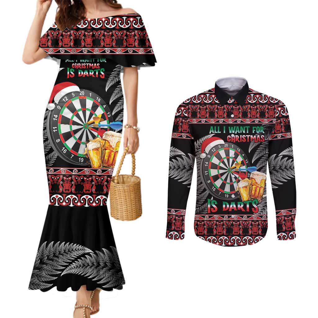 All I Want For Christmas Is Darts New Zealand Couples Matching Mermaid Dress and Long Sleeve Button Shirt LT14 Black - Polynesian Pride