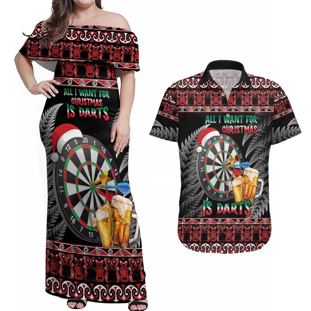 All I Want For Christmas Is Darts New Zealand Couples Matching Off Shoulder Maxi Dress and Hawaiian Shirt LT14 Black - Polynesian Pride