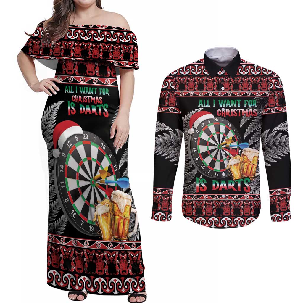 All I Want For Christmas Is Darts New Zealand Couples Matching Off Shoulder Maxi Dress and Long Sleeve Button Shirt LT14 Black - Polynesian Pride