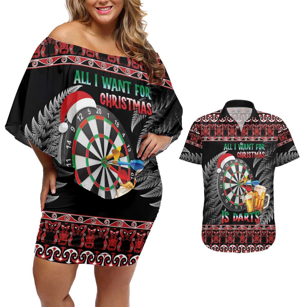 All I Want For Christmas Is Darts New Zealand Couples Matching Off Shoulder Short Dress and Hawaiian Shirt LT14 Black - Polynesian Pride