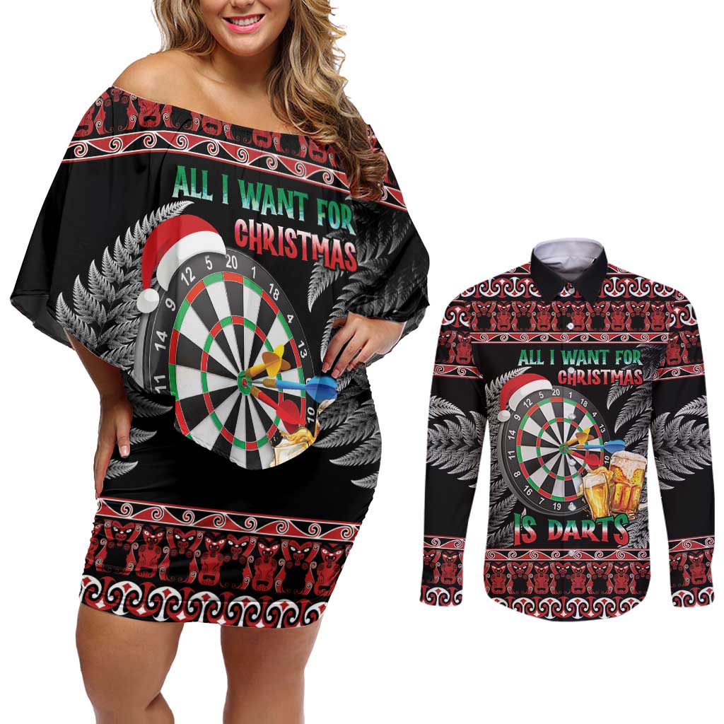 All I Want For Christmas Is Darts New Zealand Couples Matching Off Shoulder Short Dress and Long Sleeve Button Shirt LT14 Black - Polynesian Pride