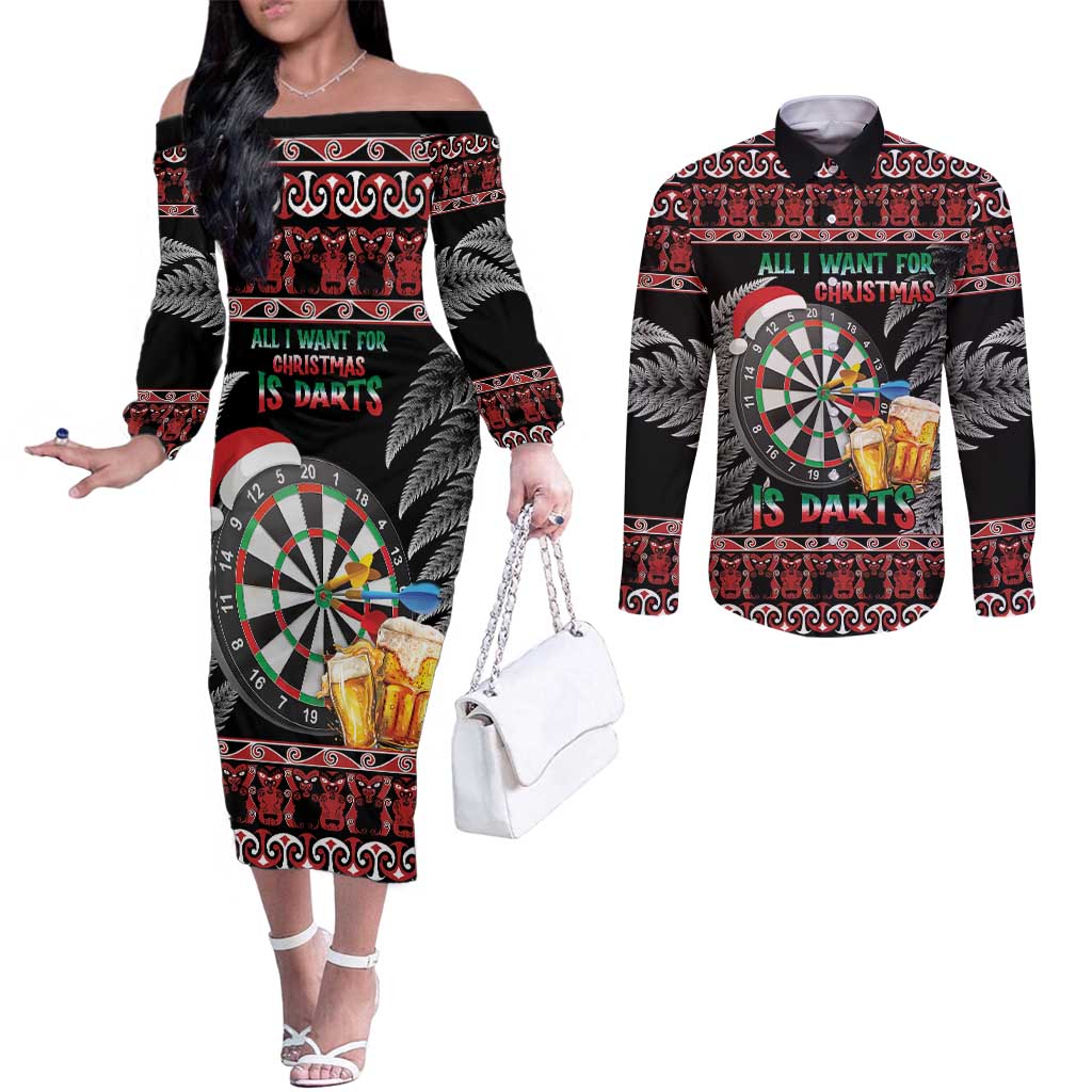 All I Want For Christmas Is Darts New Zealand Couples Matching Off The Shoulder Long Sleeve Dress and Long Sleeve Button Shirt LT14 Black - Polynesian Pride