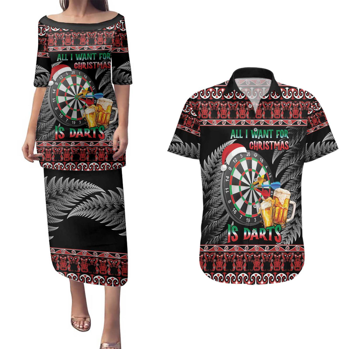 All I Want For Christmas Is Darts New Zealand Couples Matching Puletasi and Hawaiian Shirt LT14 Black - Polynesian Pride
