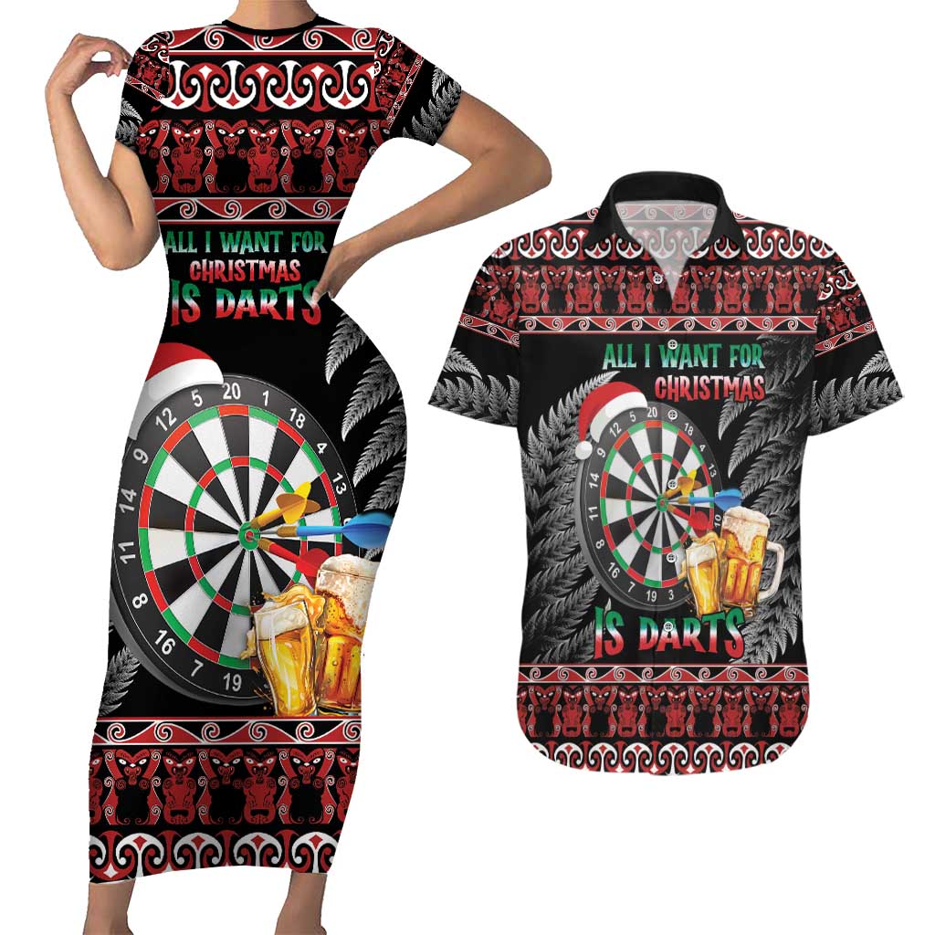 All I Want For Christmas Is Darts New Zealand Couples Matching Short Sleeve Bodycon Dress and Hawaiian Shirt LT14 Black - Polynesian Pride