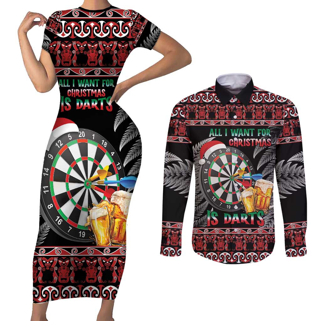 All I Want For Christmas Is Darts New Zealand Couples Matching Short Sleeve Bodycon Dress and Long Sleeve Button Shirt LT14 Black - Polynesian Pride